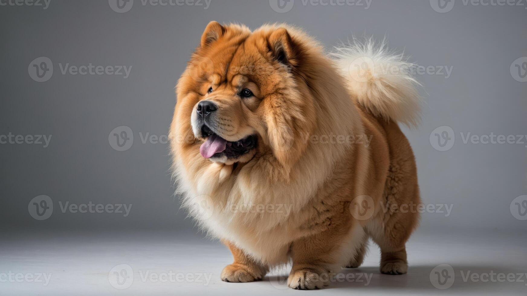 A fluffy chow chow dog stands proudly, showcasing its thick fur and playful demeanor. photo
