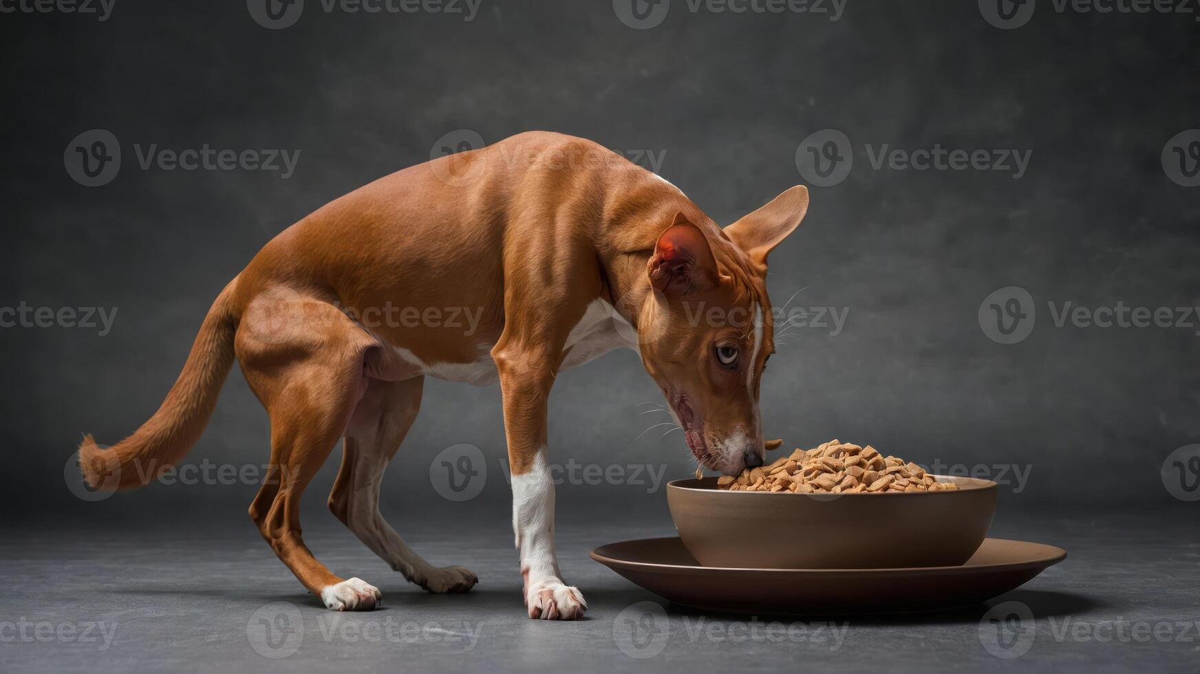 A dog eating from a bowl of kibble on a dark background. photo