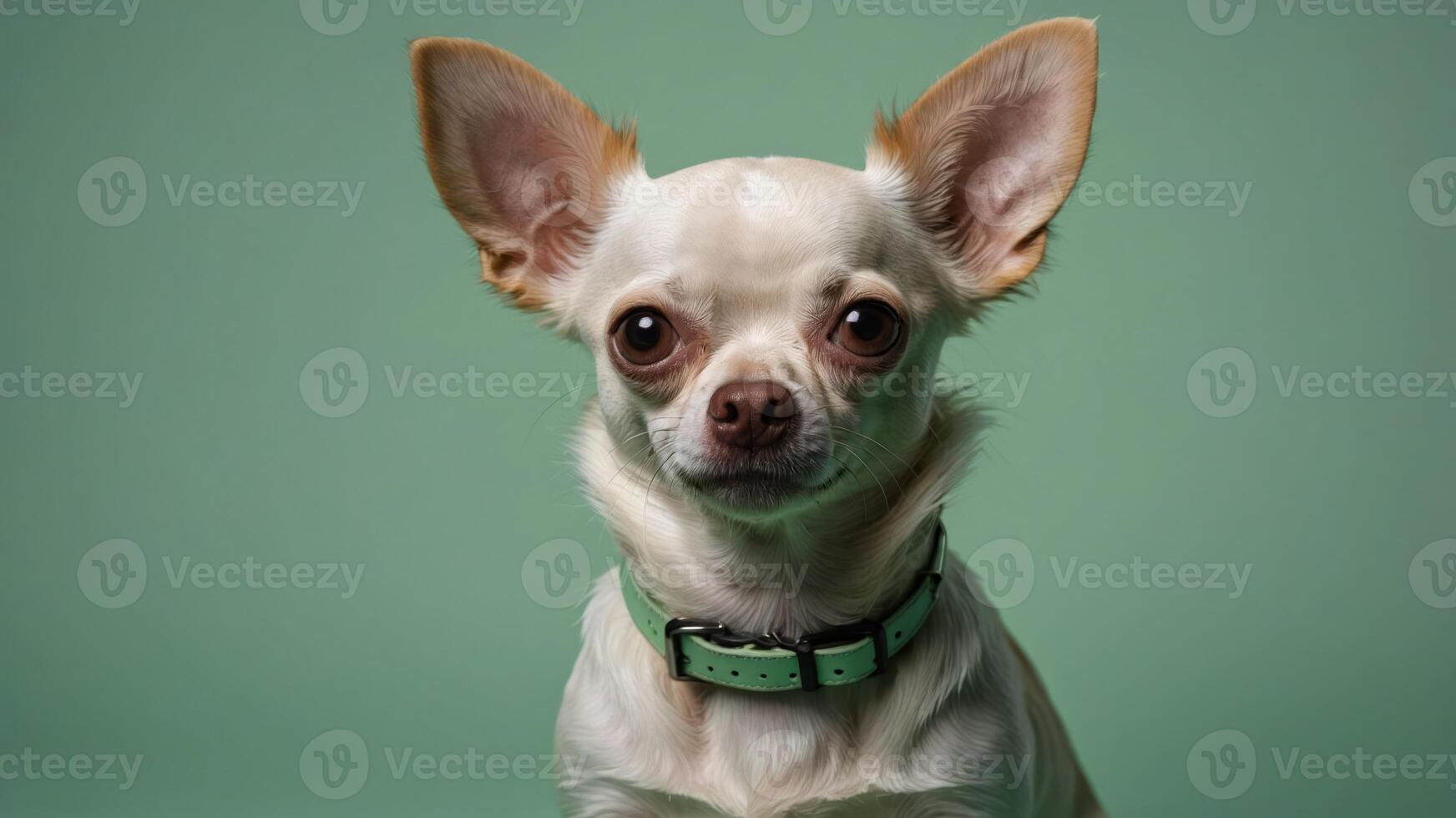 A close-up portrait of a Chihuahua with large ears against a green background. photo