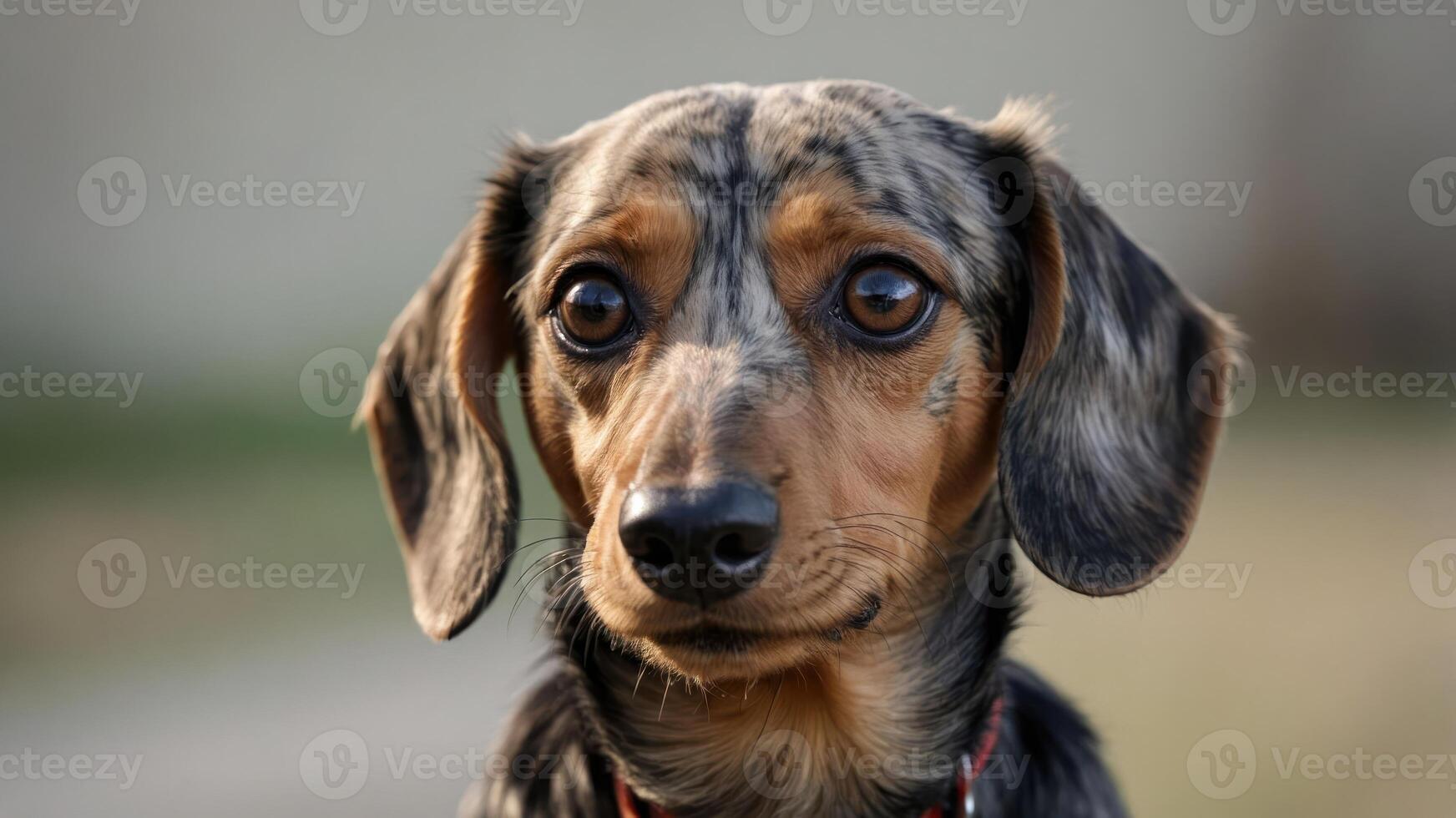 A close-up of a curious dog with a unique coat pattern. photo