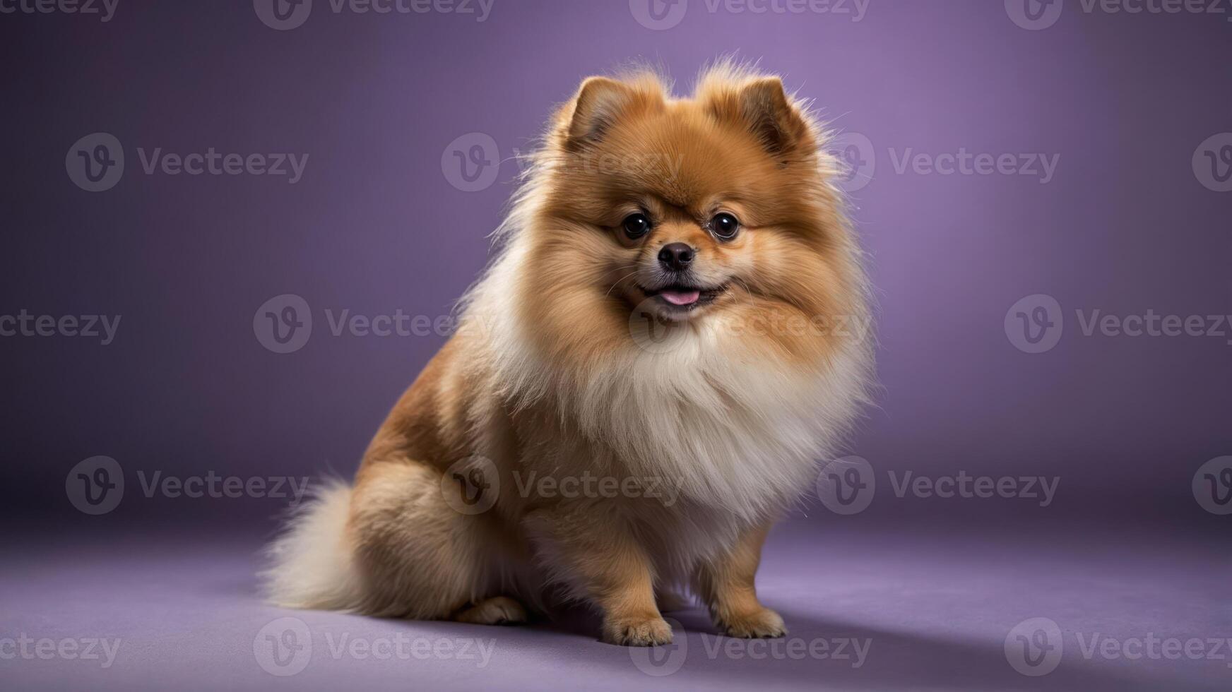 A fluffy Pomeranian dog poses against a purple background, showcasing its playful demeanor. photo