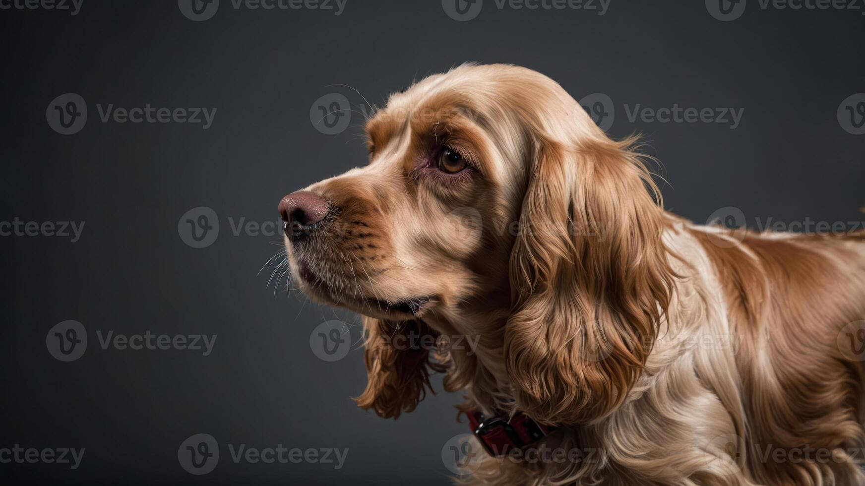 A close-up profile of a golden Cocker Spaniel against a dark background. photo