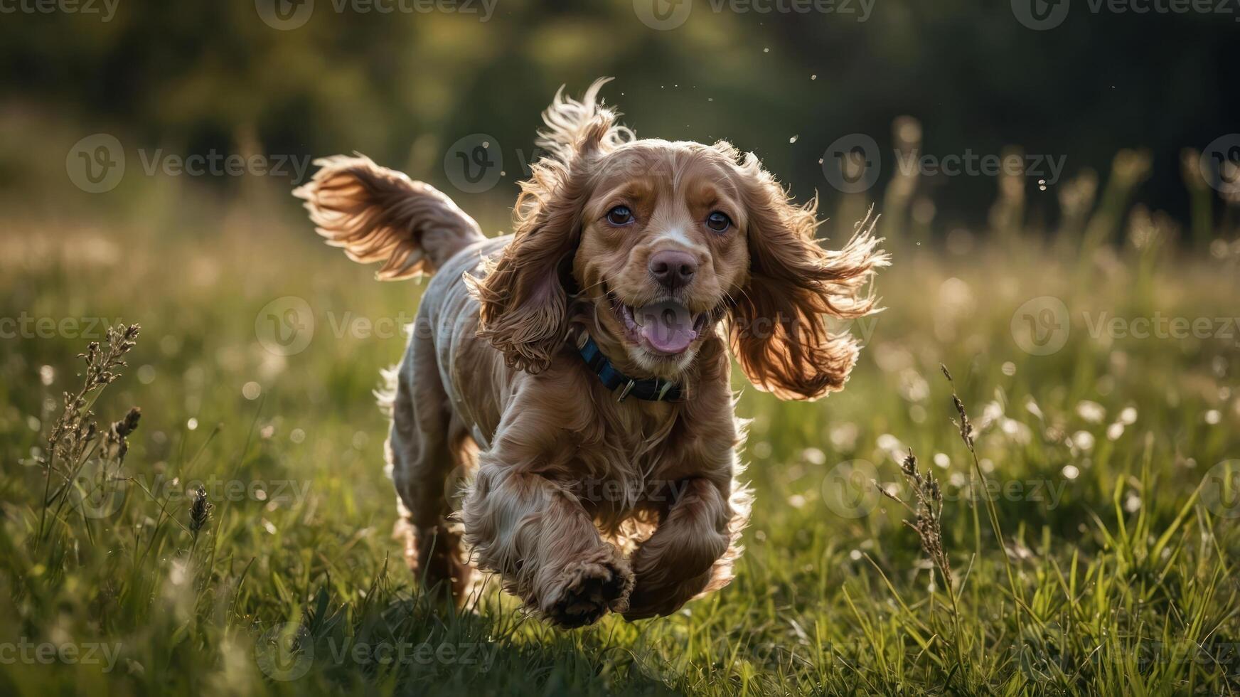 A joyful dog running through a grassy field, capturing a moment of playfulness and freedom. photo