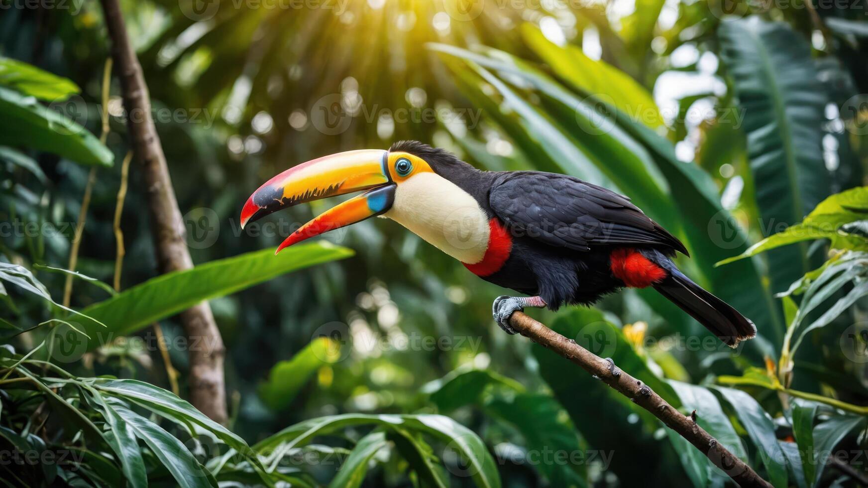 A vibrant toucan perched on a branch amidst lush tropical foliage. photo