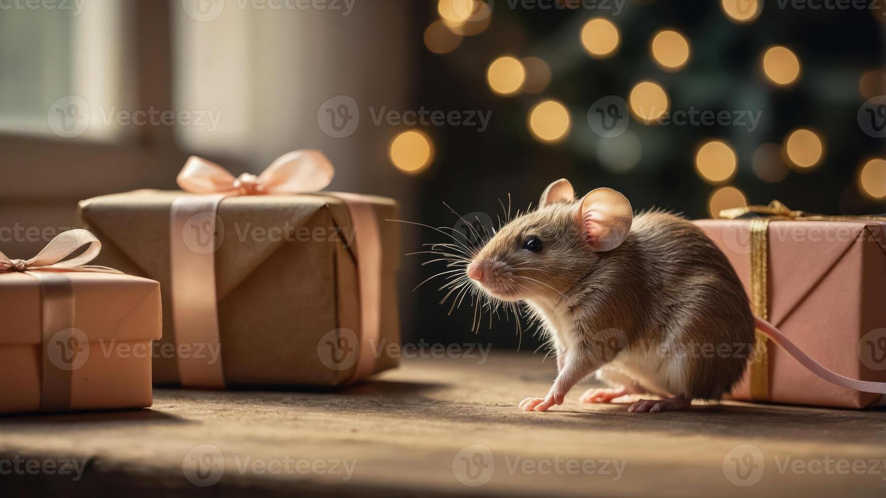 A cute mouse beside beautifully wrapped gifts, creating a festive, cozy atmosphere. photo