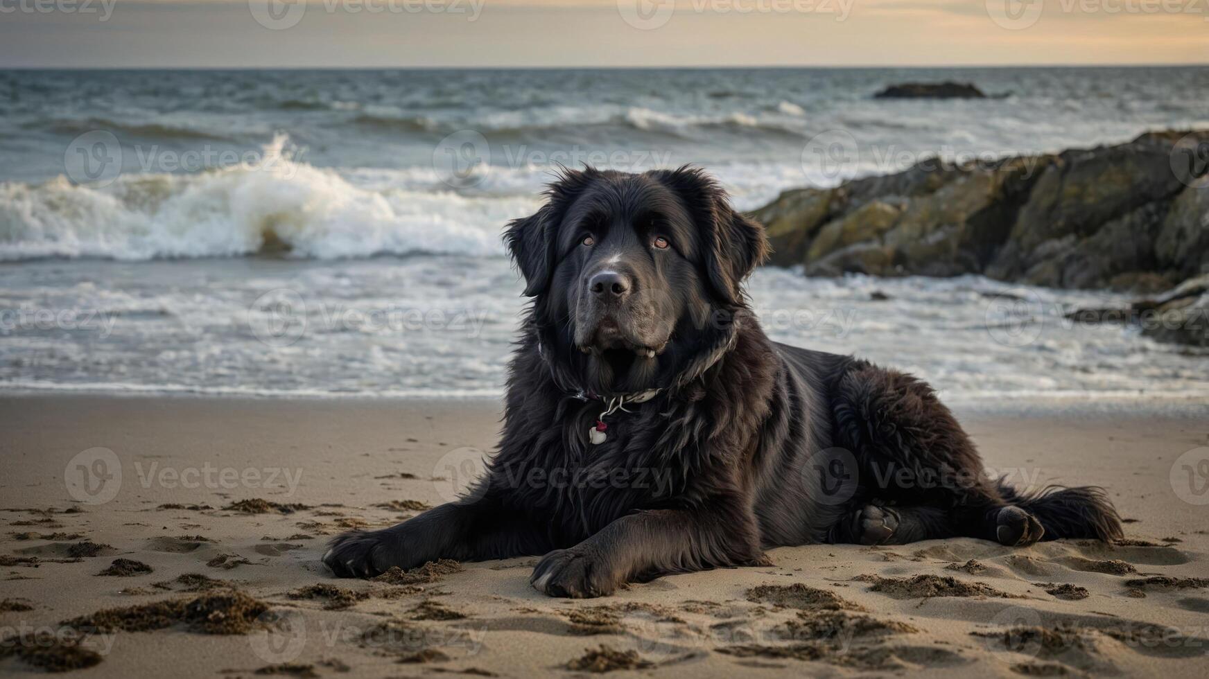 A black dog resting on the beach near the ocean waves at sunset. photo