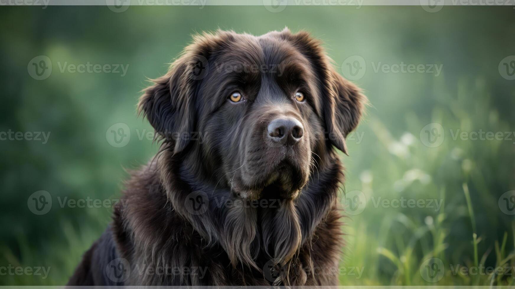 A close-up portrait of a Newfoundland dog with a soft expression in a natural setting. photo