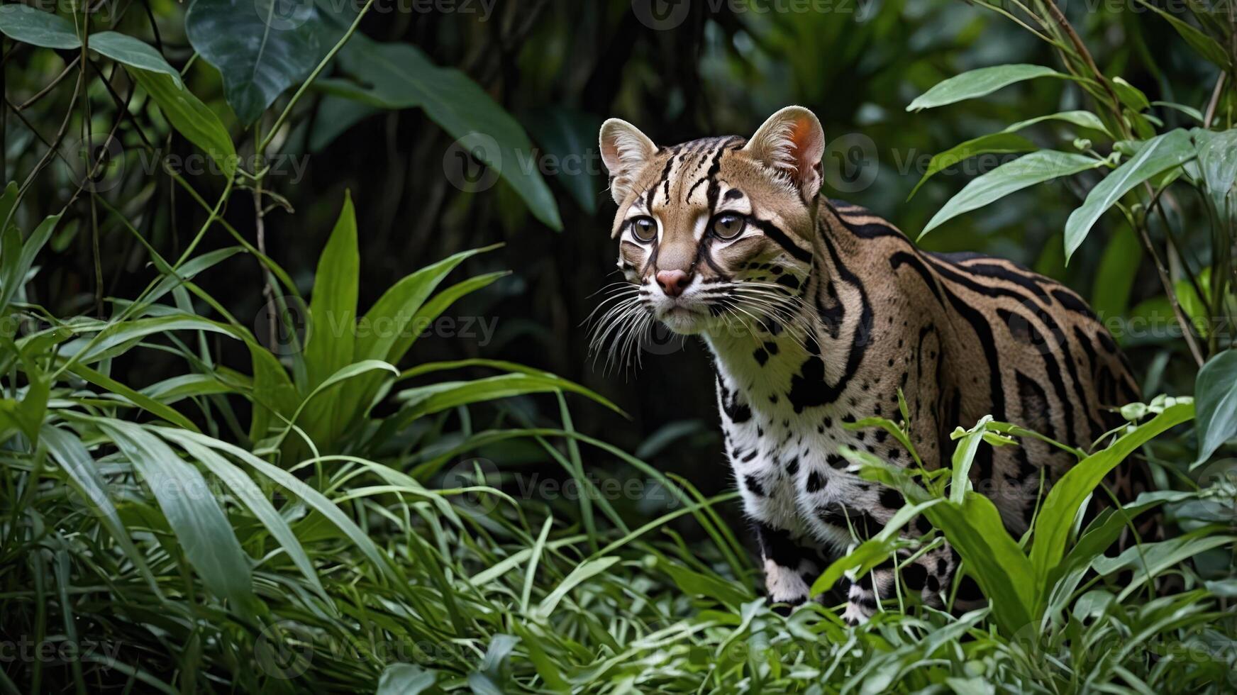 A close-up of an ocelot in a lush green environment, showcasing its striking fur patterns. photo