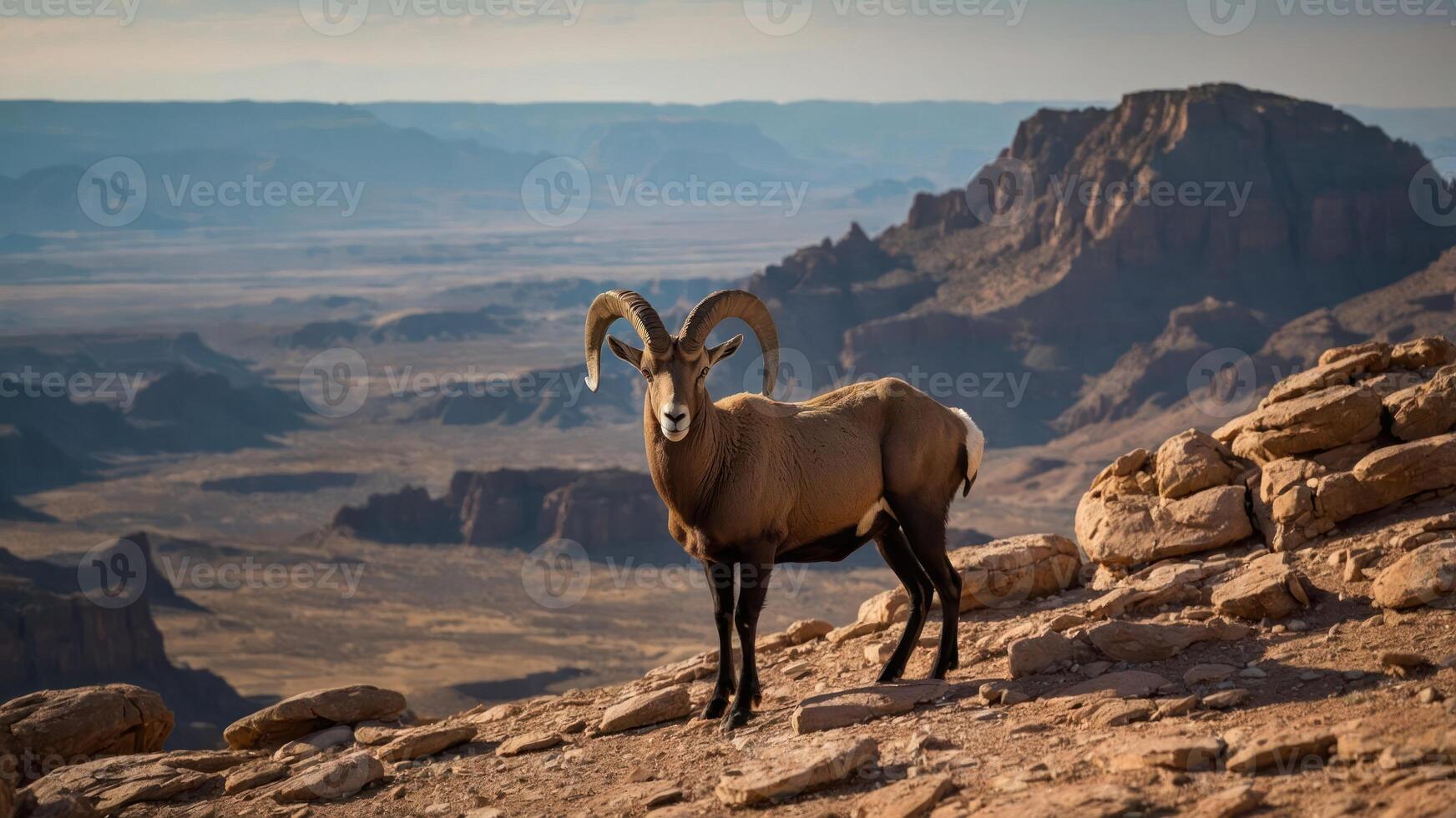 A majestic ram stands on rocky terrain with a vast landscape in the background. photo
