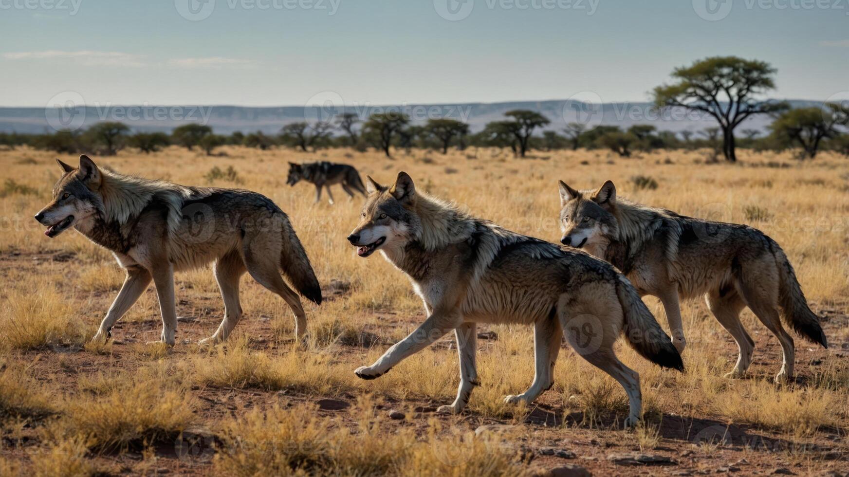 A pack of wolves walking through a golden grassland under a clear sky. photo