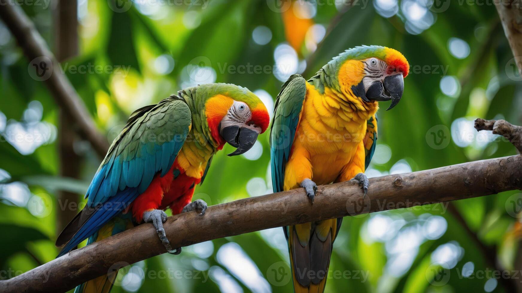 Two colorful parrots perched on a branch amidst lush green foliage. photo