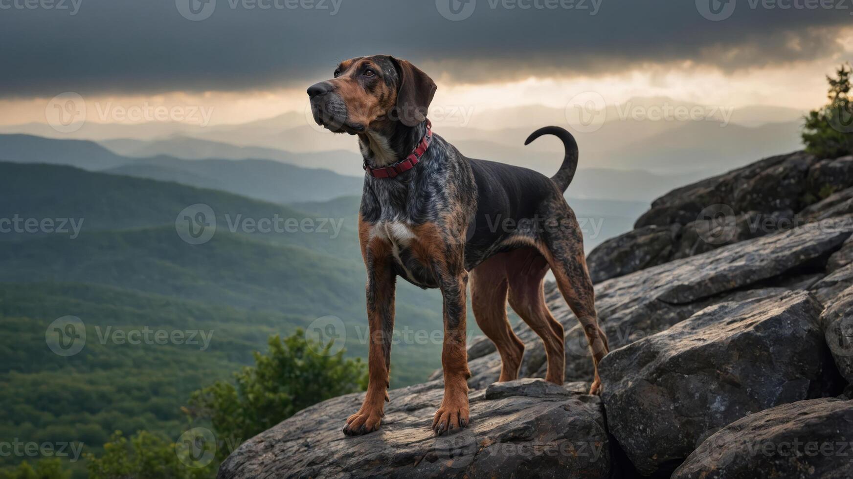 A dog stands proudly on a rocky outcrop, overlooking a misty mountain landscape at sunset. photo