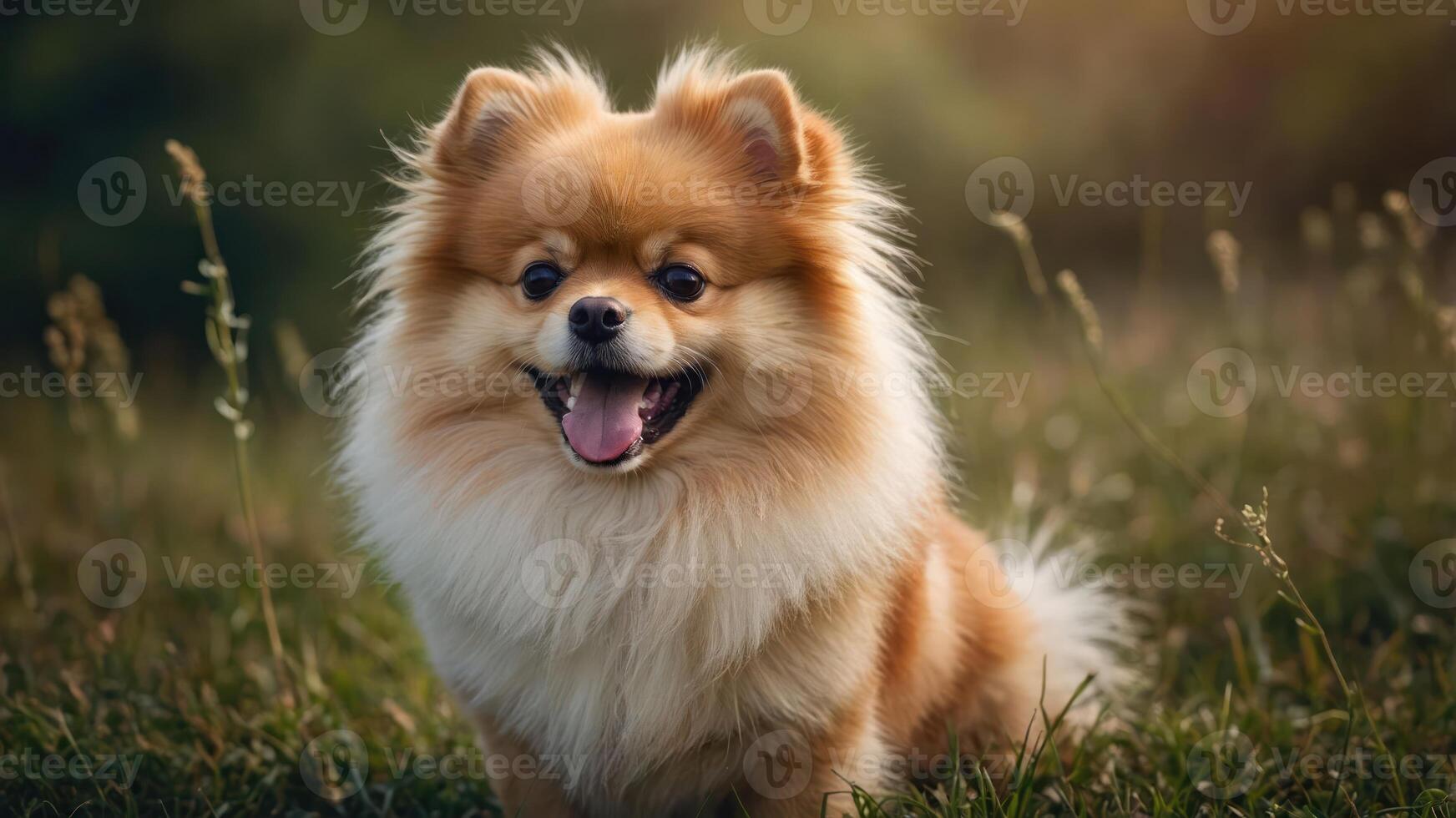 A cheerful Pomeranian dog sitting in a grassy field, showcasing its fluffy coat and playful demeanor. photo