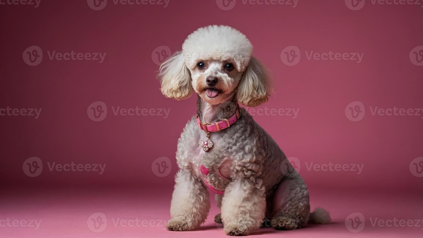 A cute poodle sitting against a pink background, showcasing its playful personality. photo