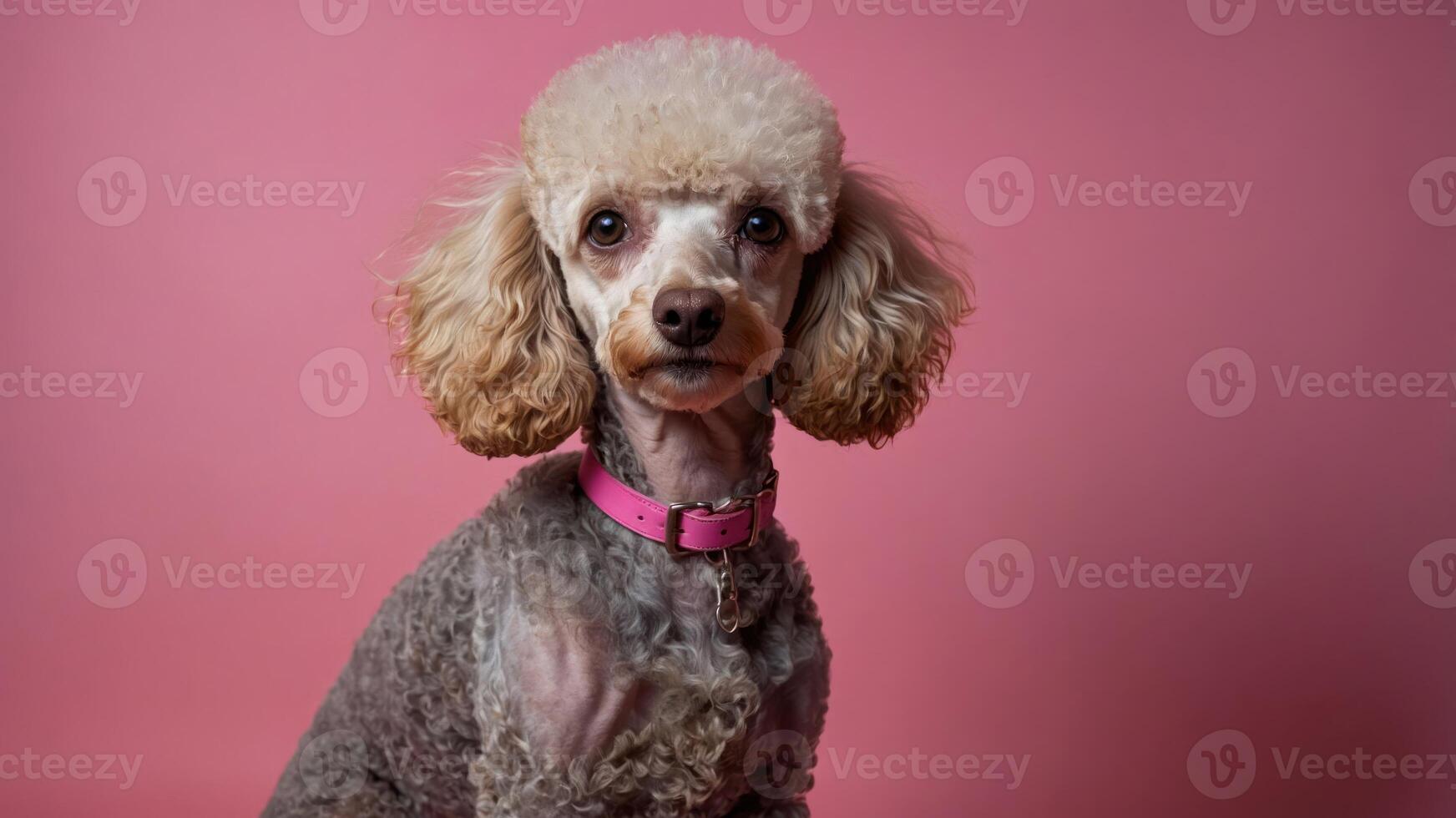A poodle with curly fur and a pink collar poses against a pink background. photo