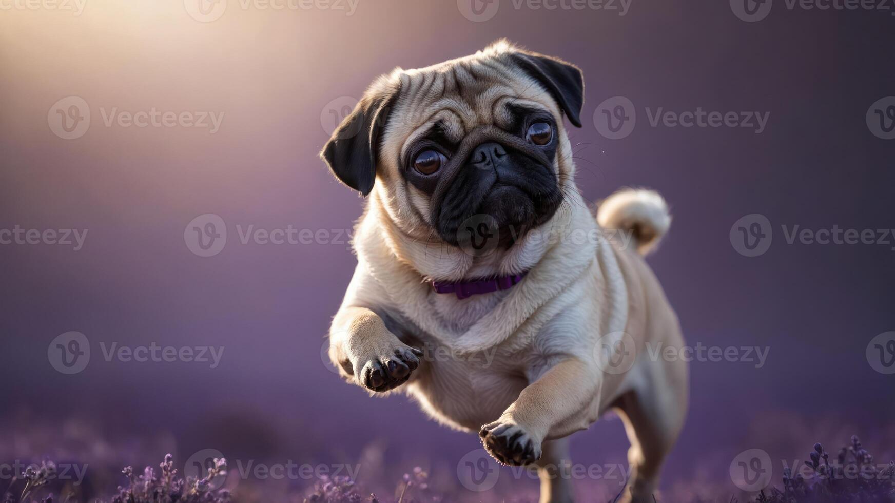 A playful pug leaps joyfully through a field of lavender flowers, capturing a moment of happiness. photo