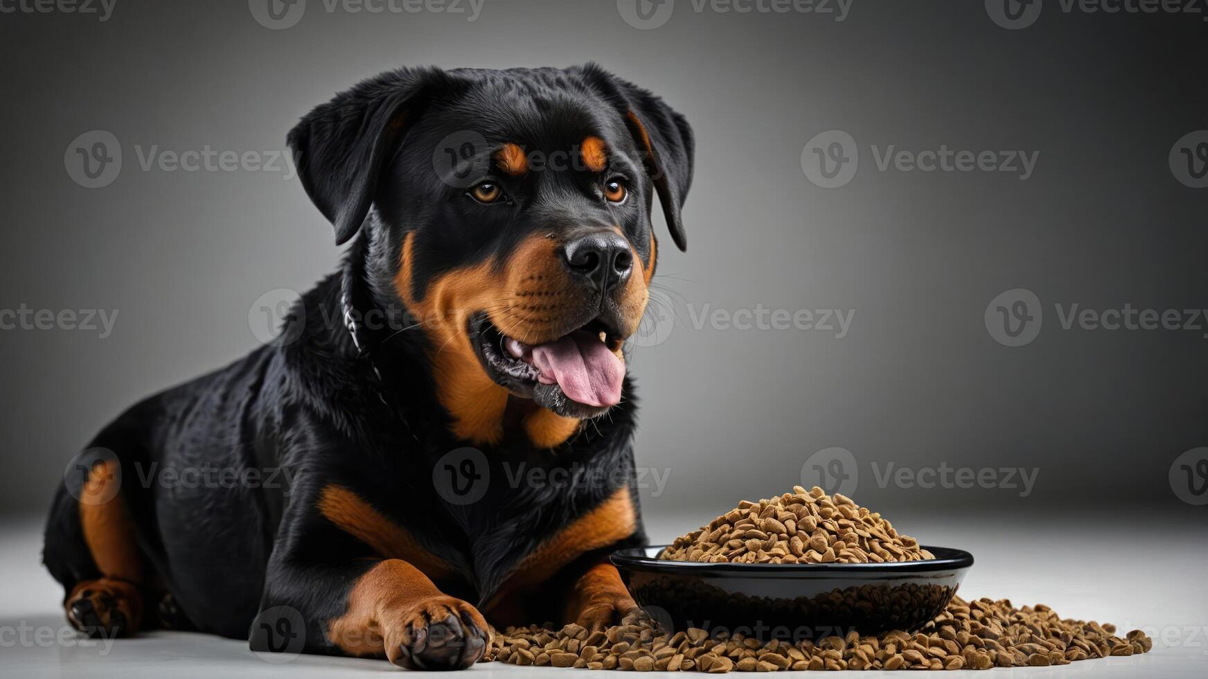 A Rottweiler lying beside a bowl of dog food, showcasing pet care and nutrition. photo