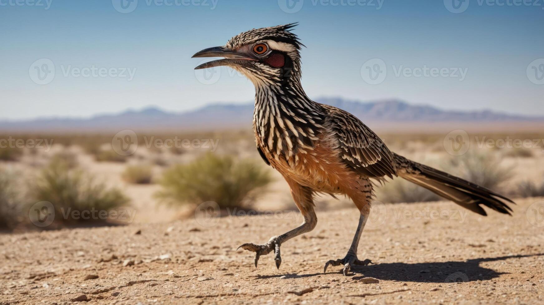A roadrunner bird running across a desert landscape under a clear blue sky. photo