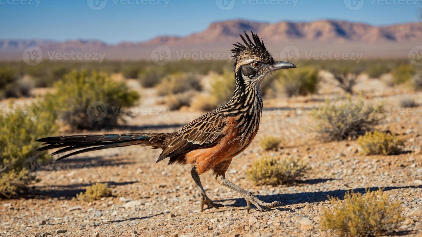 A roadrunner bird walking through a desert landscape with mountains in the background. photo