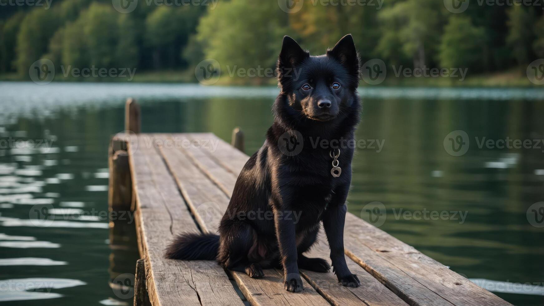 A black dog sitting on a wooden dock by a serene lake surrounded by trees. photo