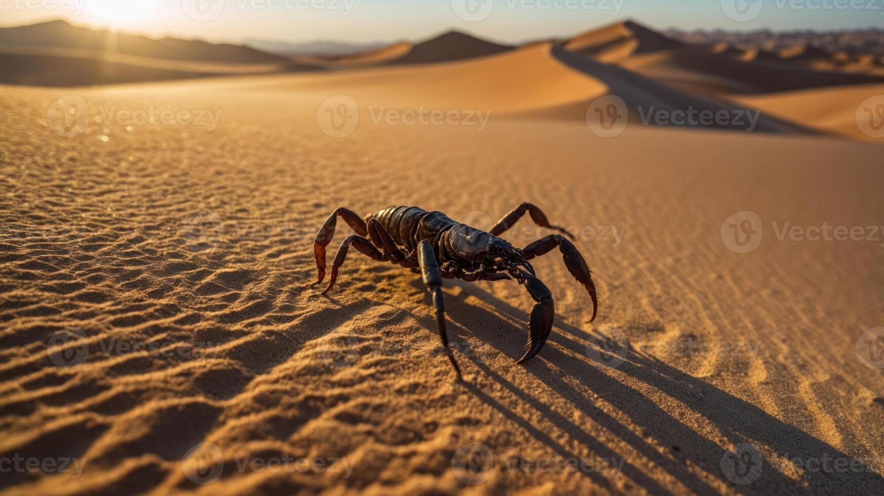 A scorpion on sandy dunes during sunset, showcasing desert wildlife and environment. photo