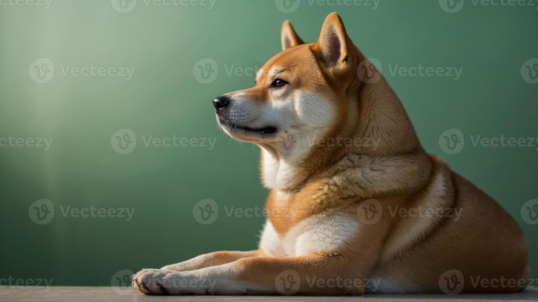 A serene Shiba Inu resting gracefully against a green backdrop. photo
