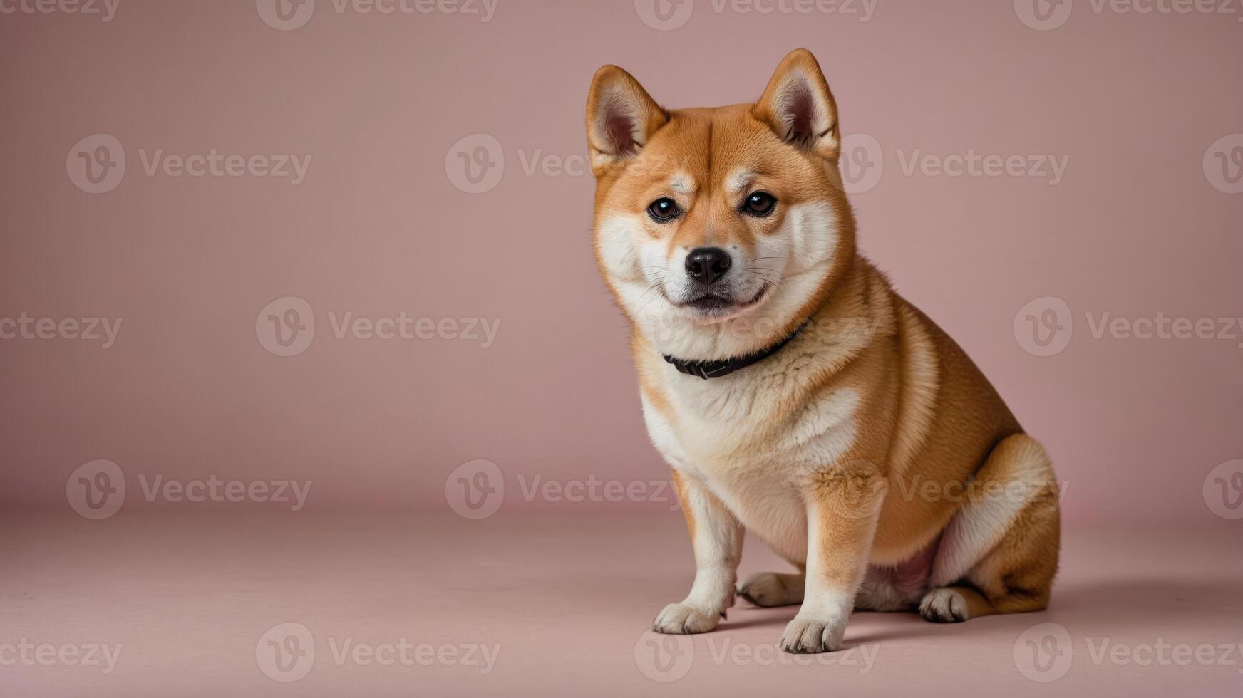 A Shiba Inu dog sitting against a soft pink background, showcasing its playful yet calm demeanor. photo
