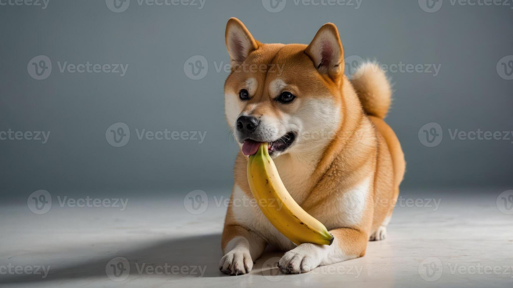 A playful dog holds a banana in its mouth, showcasing a humorous and lighthearted moment. photo