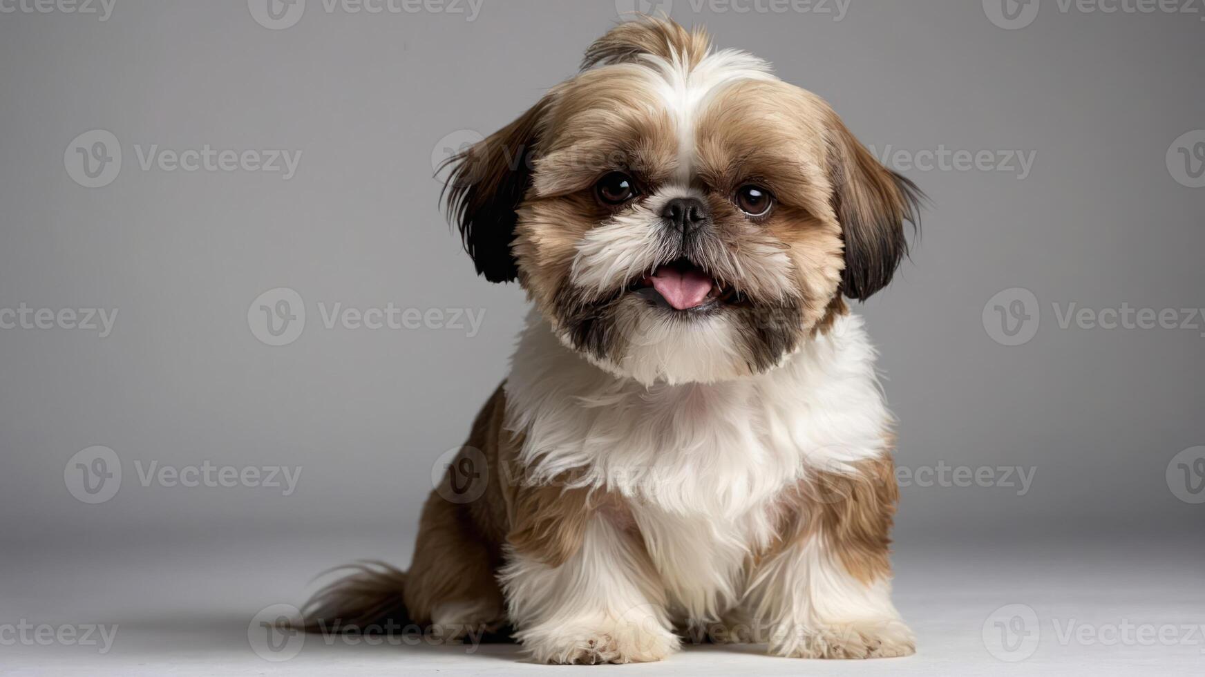 A cute Shih Tzu dog with a playful expression sitting against a neutral background. photo