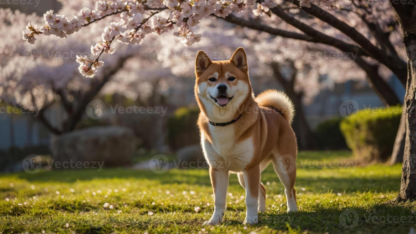 A Shiba Inu stands happily in a park surrounded by cherry blossoms. photo