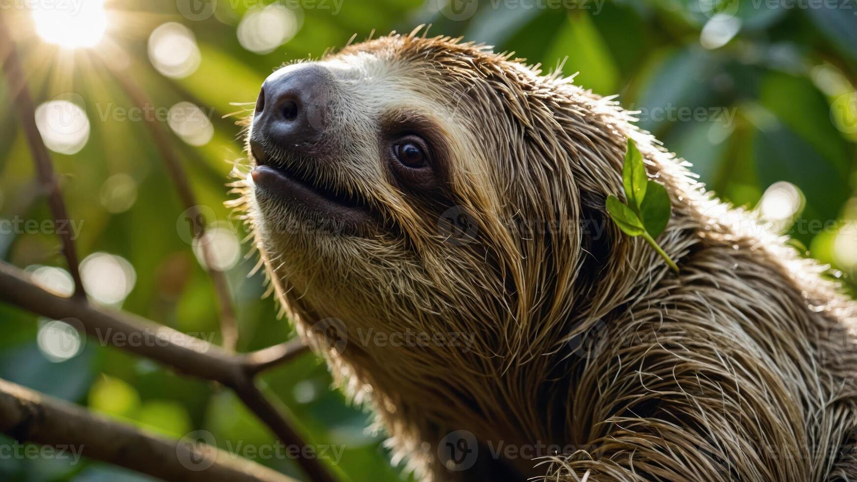 A close-up of a sloth amidst green foliage, capturing its serene expression in natural light. photo