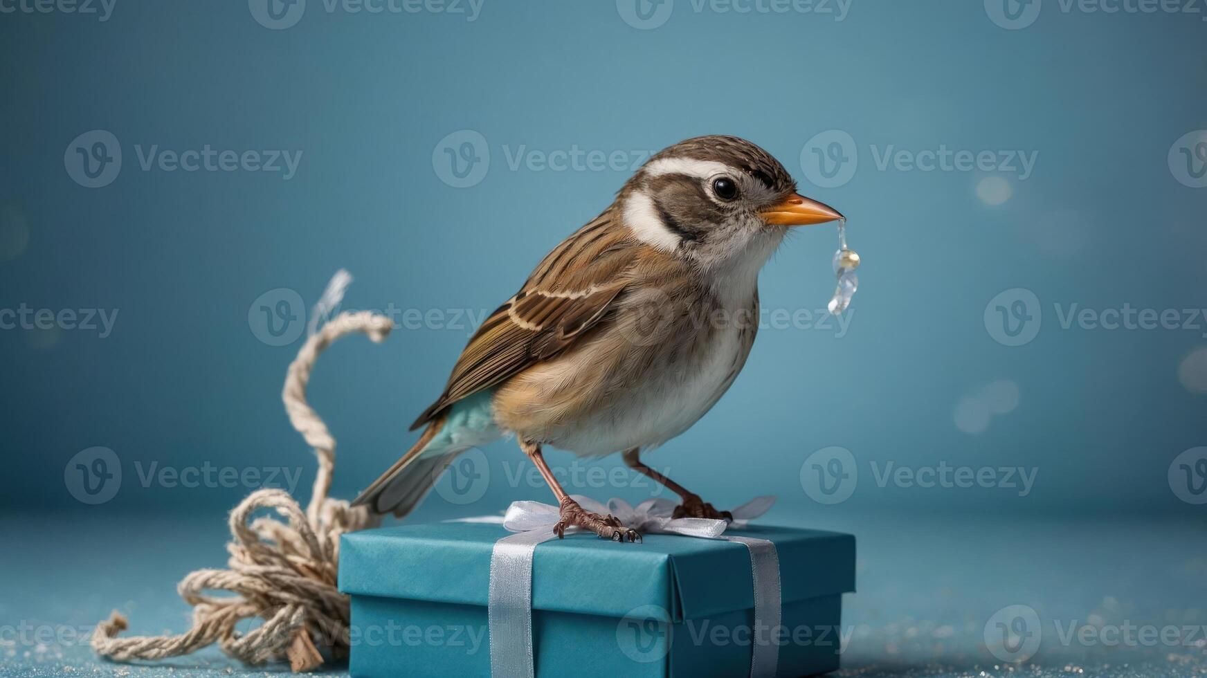 A bird perched on a gift box, holding a small ornament in its beak against a blue background. photo