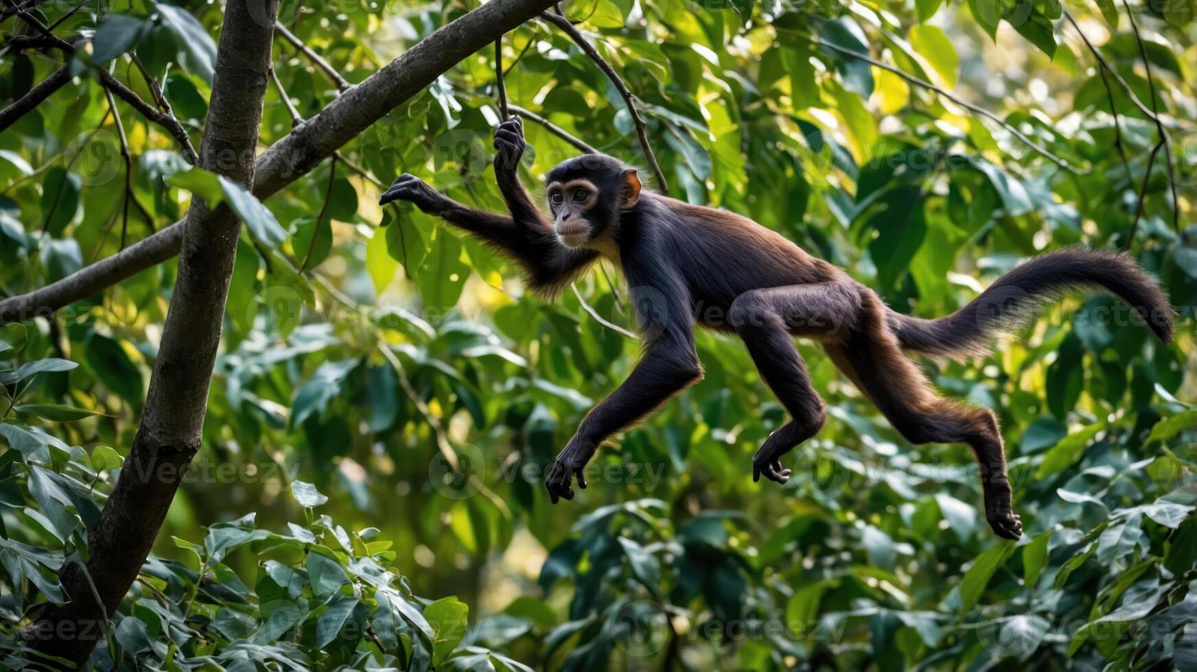 A monkey gracefully swings between branches in a lush green forest. photo