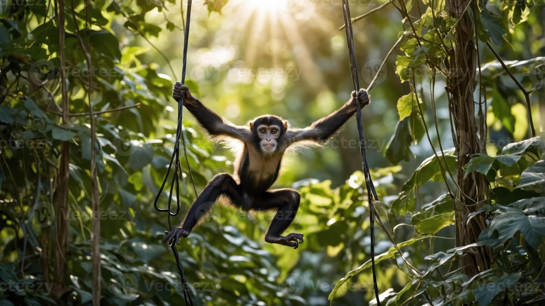 A monkey swinging through lush greenery, illuminated by sunlight. photo