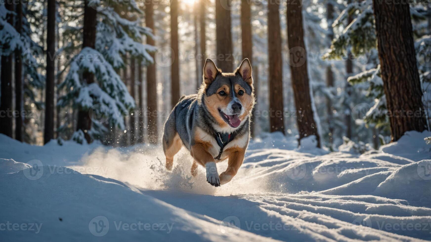 A playful dog runs through a snowy forest, capturing a joyful winter moment. photo