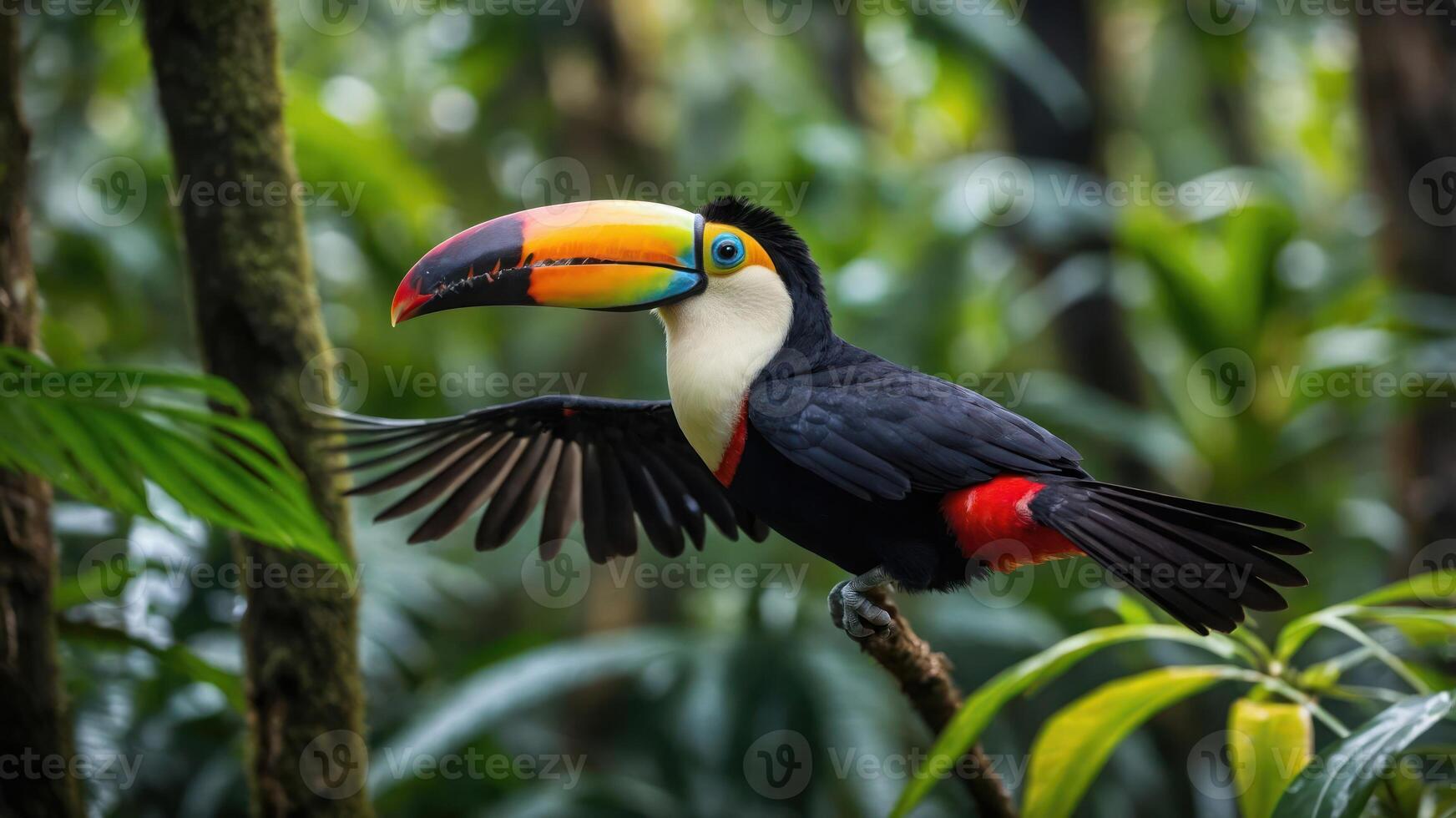 A colorful toucan perched on a branch in a lush, green rainforest setting. photo
