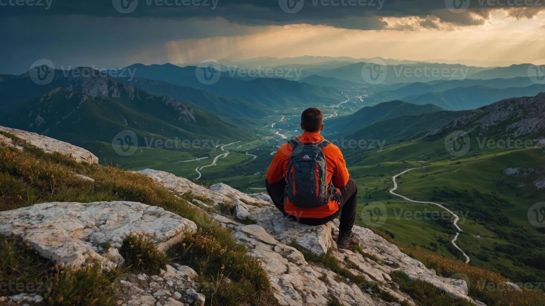 A hiker resting on a rock, overlooking a lush valley with mountains and dramatic skies. photo