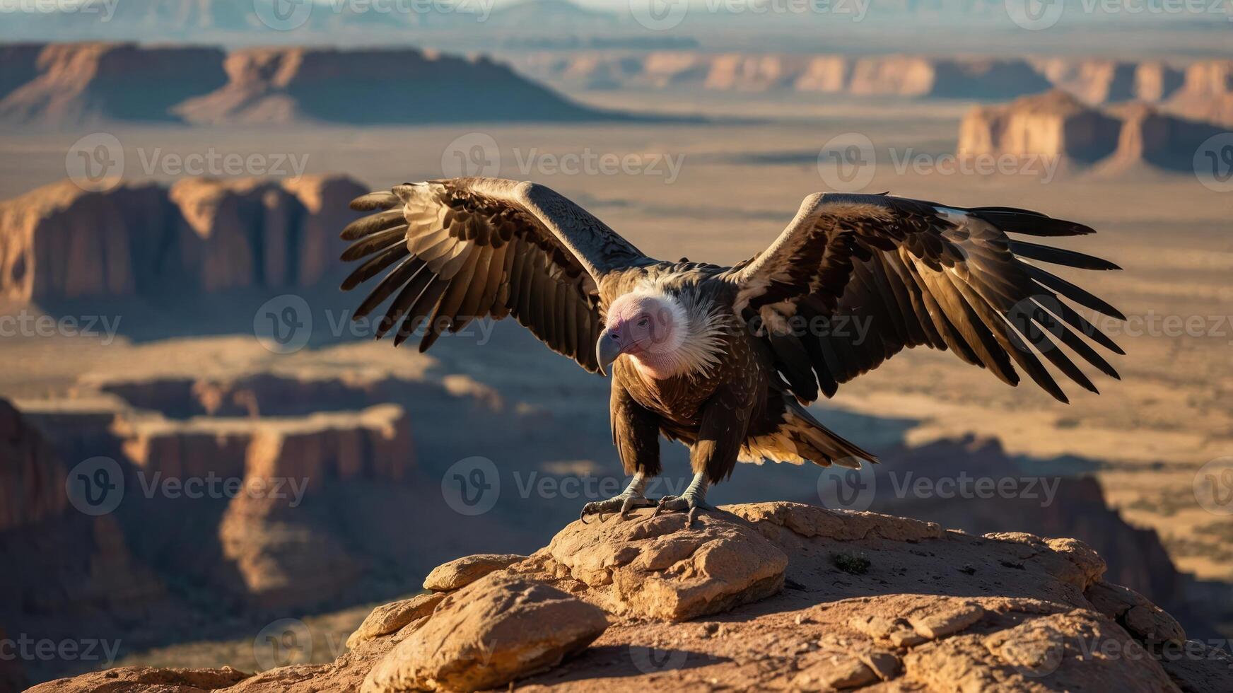 A vulture spreads its wings on a rocky outcrop with a vast landscape in the background. photo