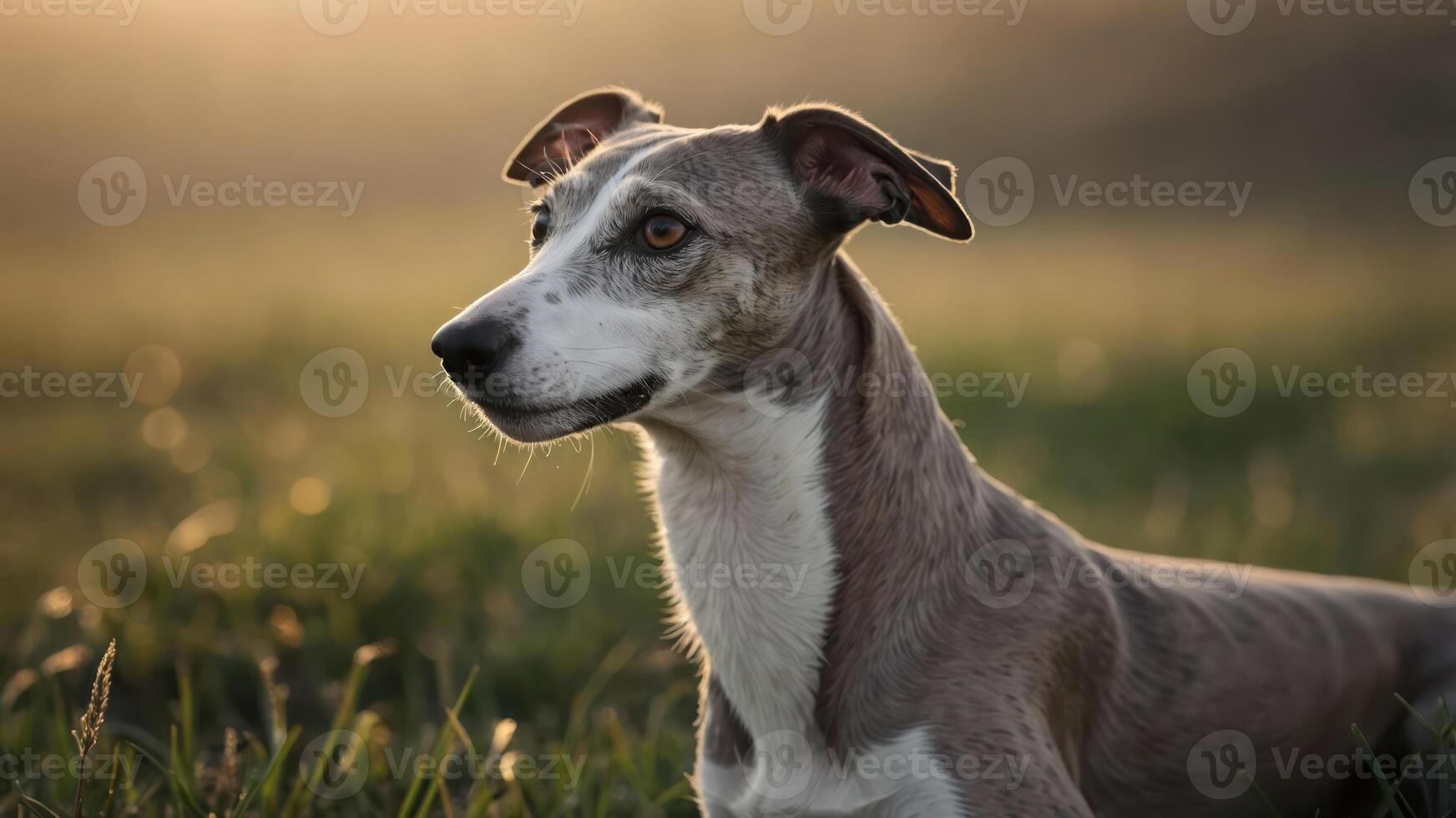 A close-up of a greyhound dog resting in a grassy field during golden hour. photo