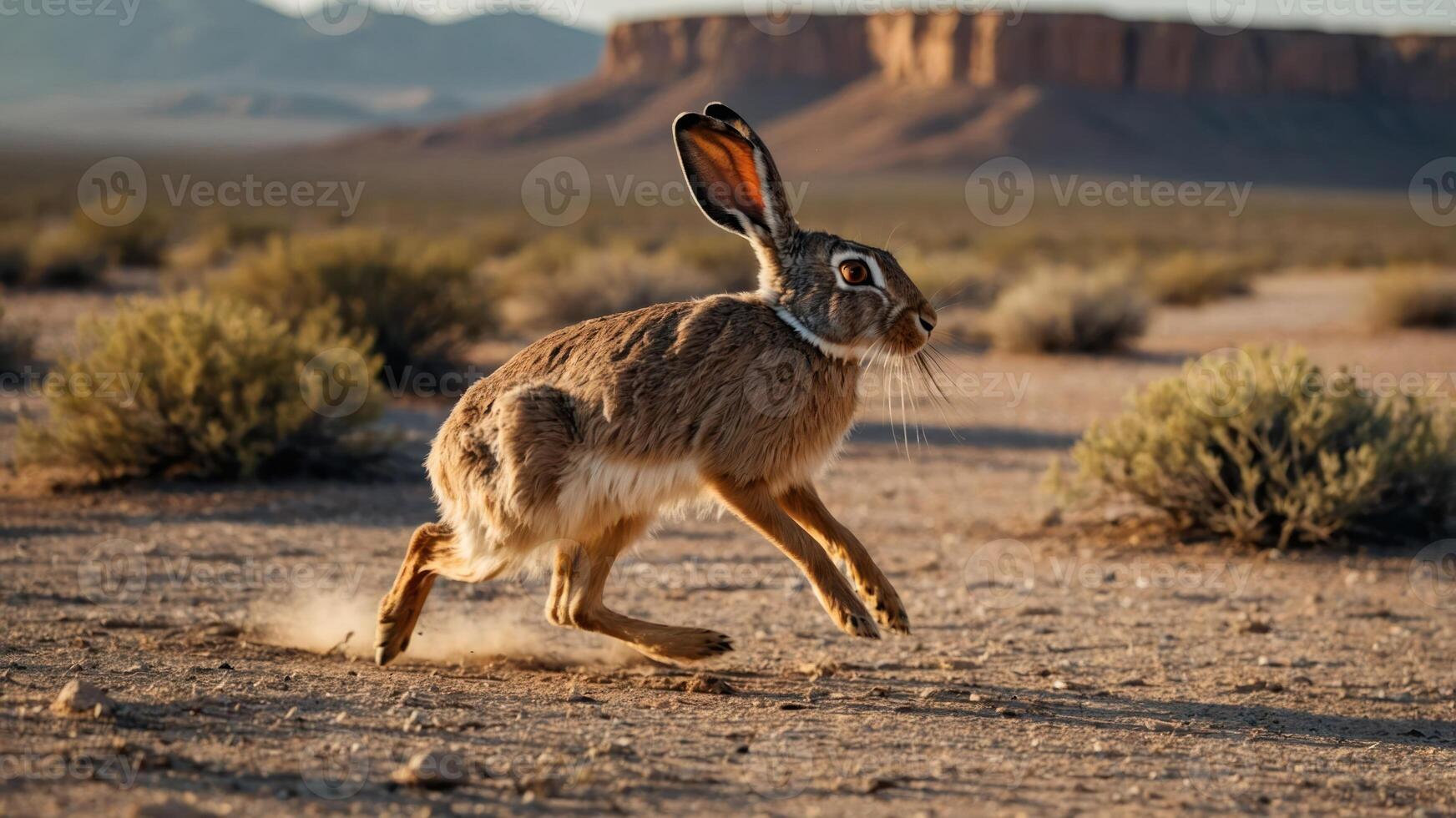 A rabbit running across a desert landscape with mountains in the background. photo