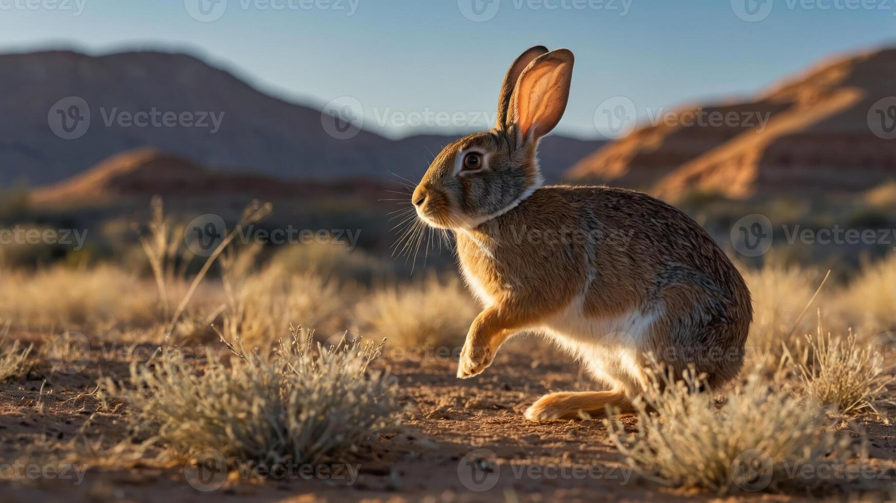 A rabbit in motion across a desert landscape at sunset, showcasing nature's beauty. photo