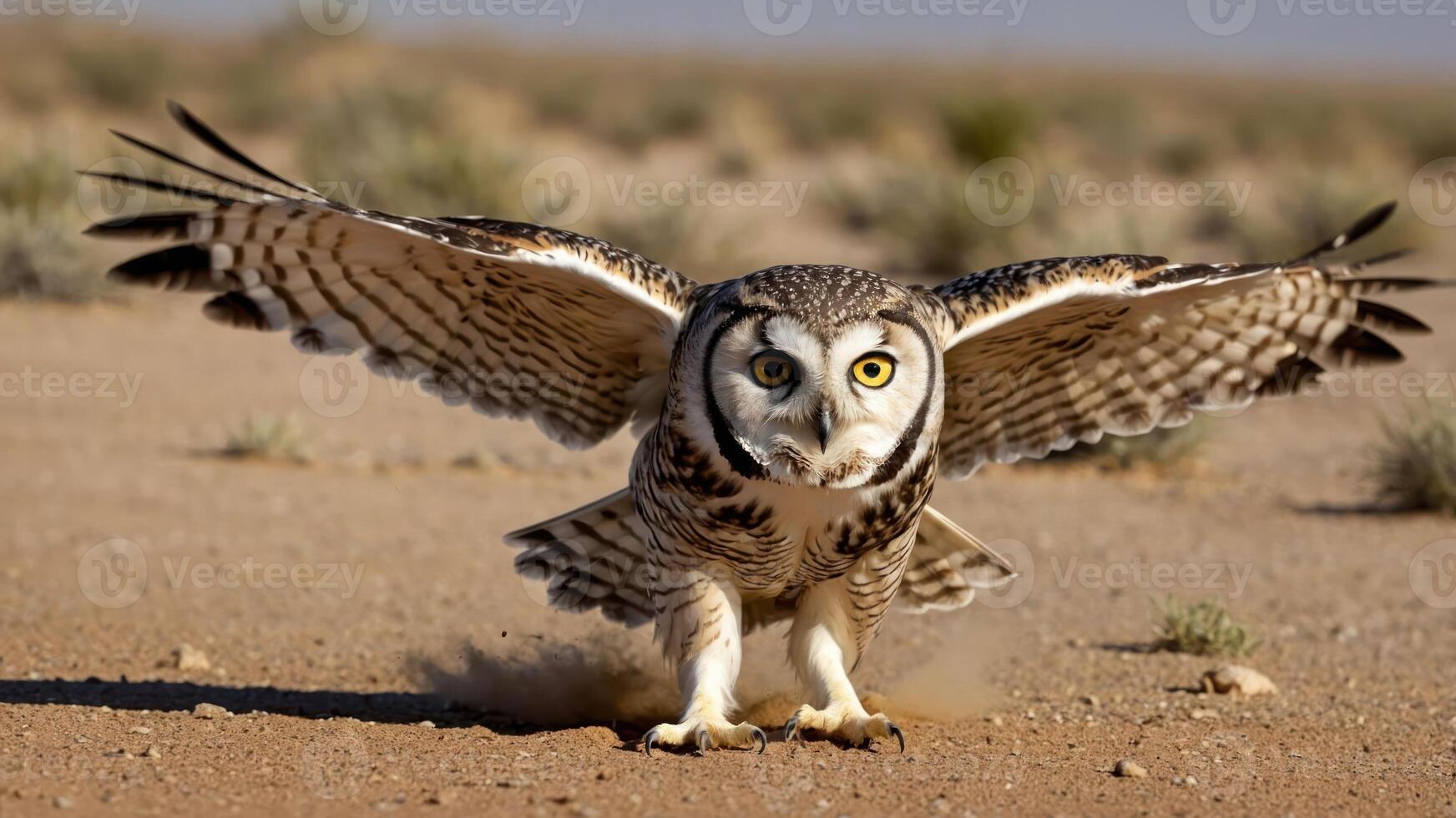 An owl with outstretched wings takes flight over a sandy landscape. photo