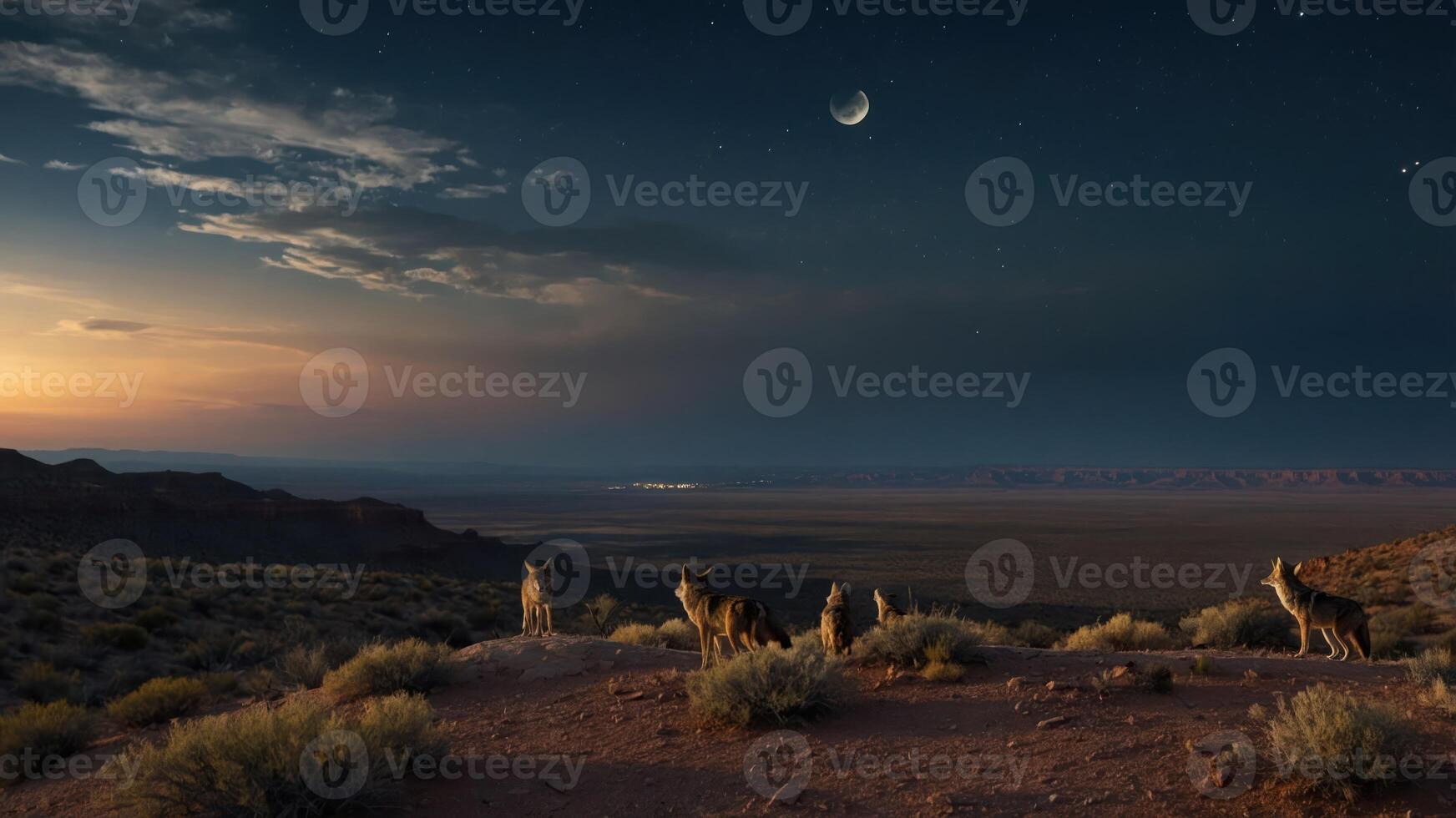 A serene landscape at dusk with coyotes observing the horizon under a crescent moon. photo
