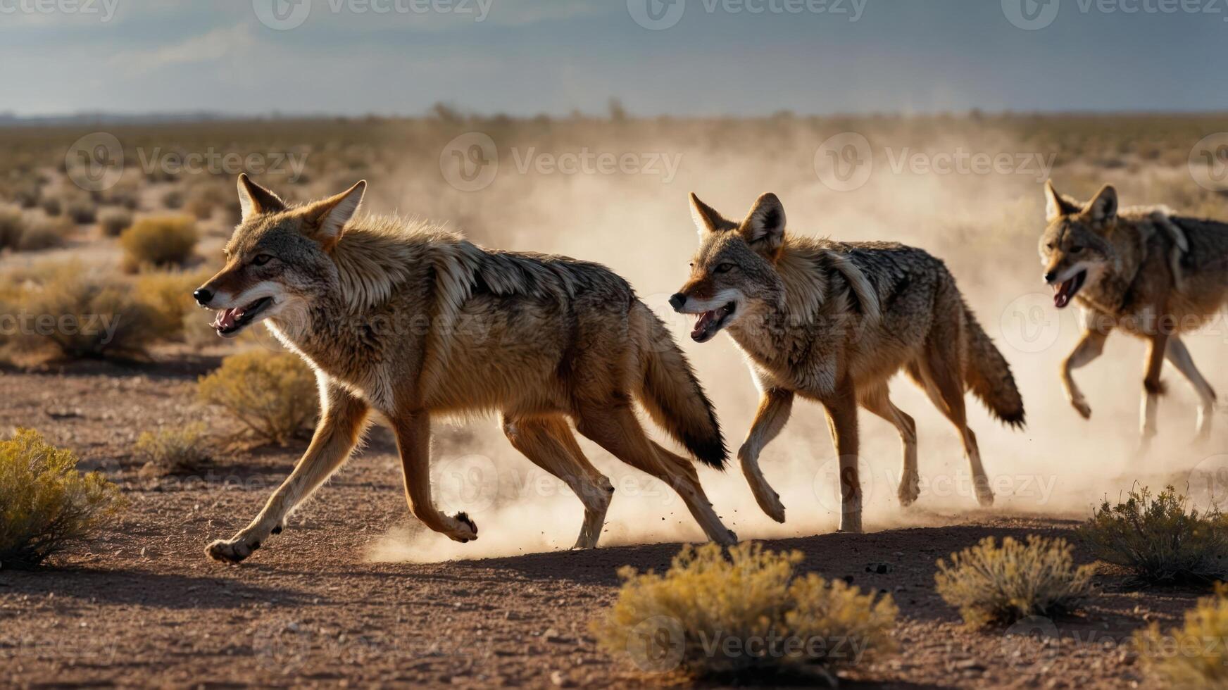 A pack of coyotes running through a dusty landscape under a dramatic sky. photo
