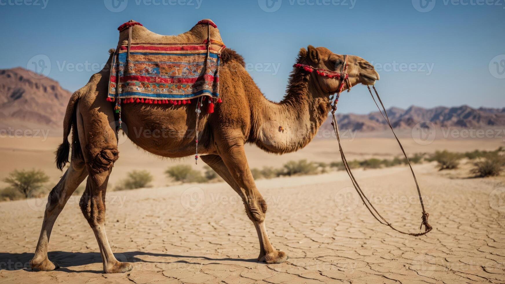 A camel walking through a dry desert landscape, showcasing its saddle and surroundings. photo