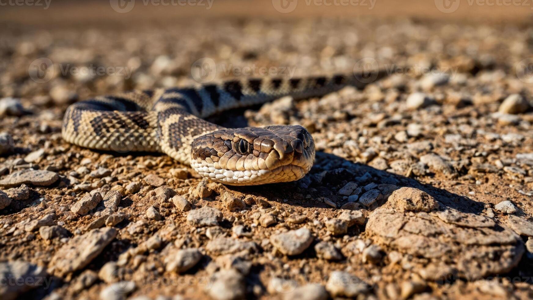 A close-up of a coiled snake resting on a gravel surface in natural surroundings. photo