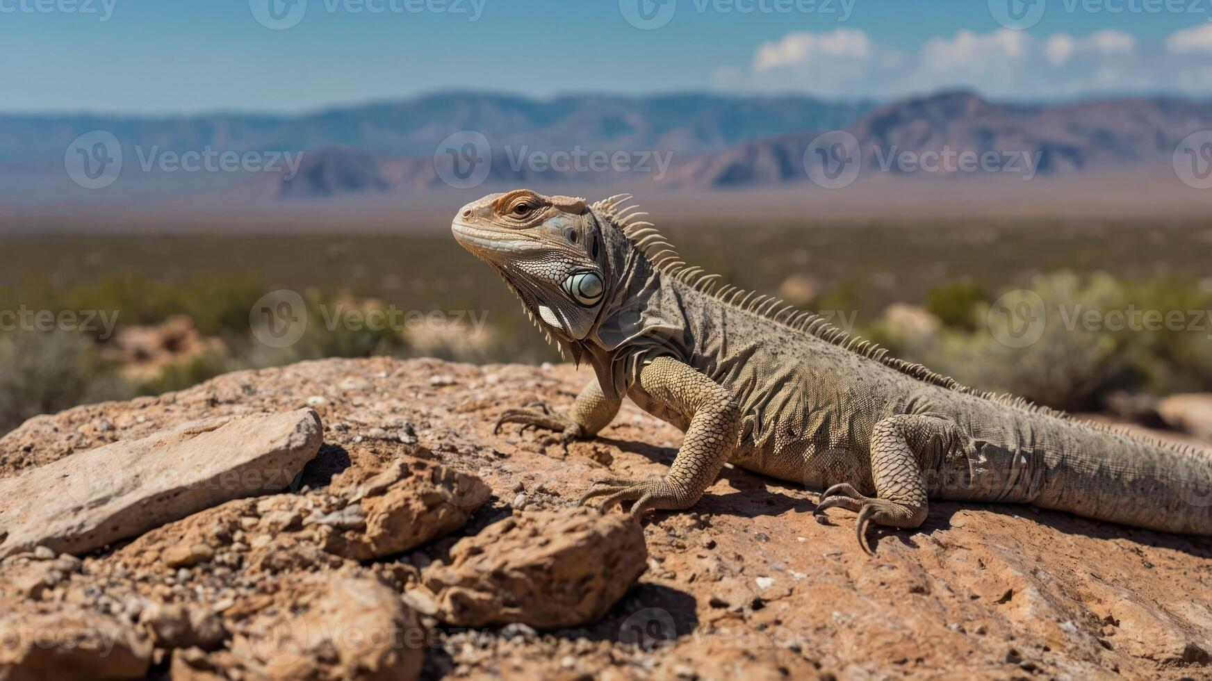A lizard basking on a rocky surface with mountains in the background. photo