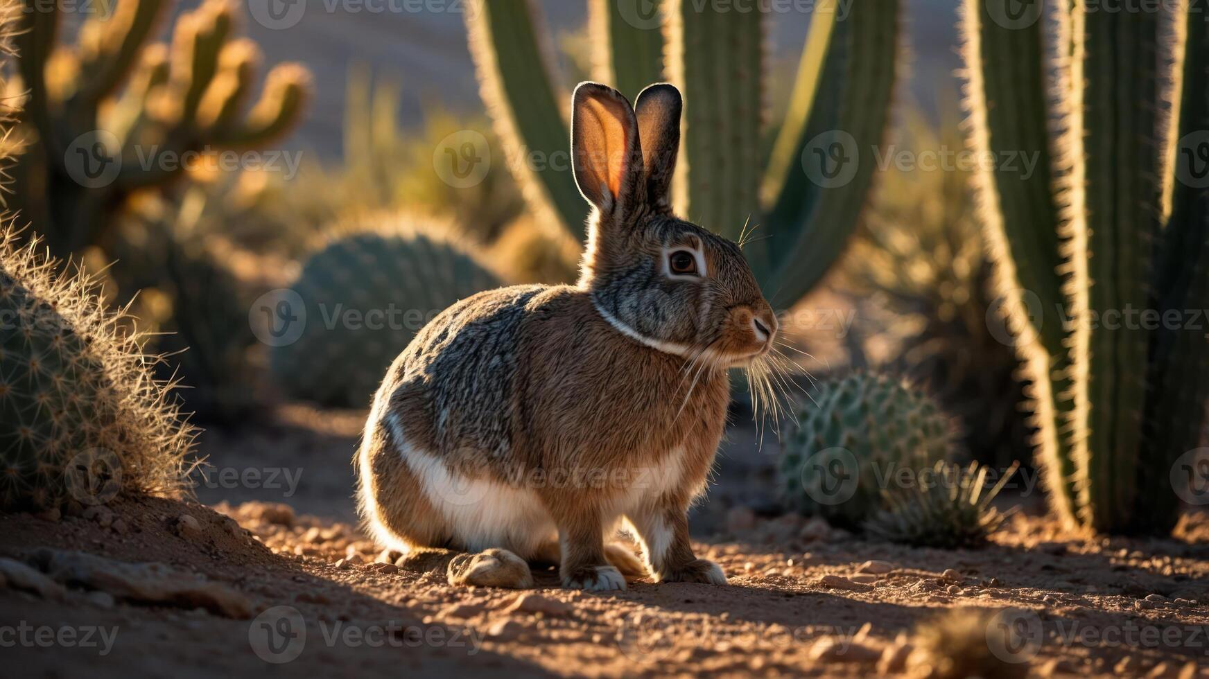 A rabbit sits in a desert landscape, surrounded by cacti and natural vegetation. photo