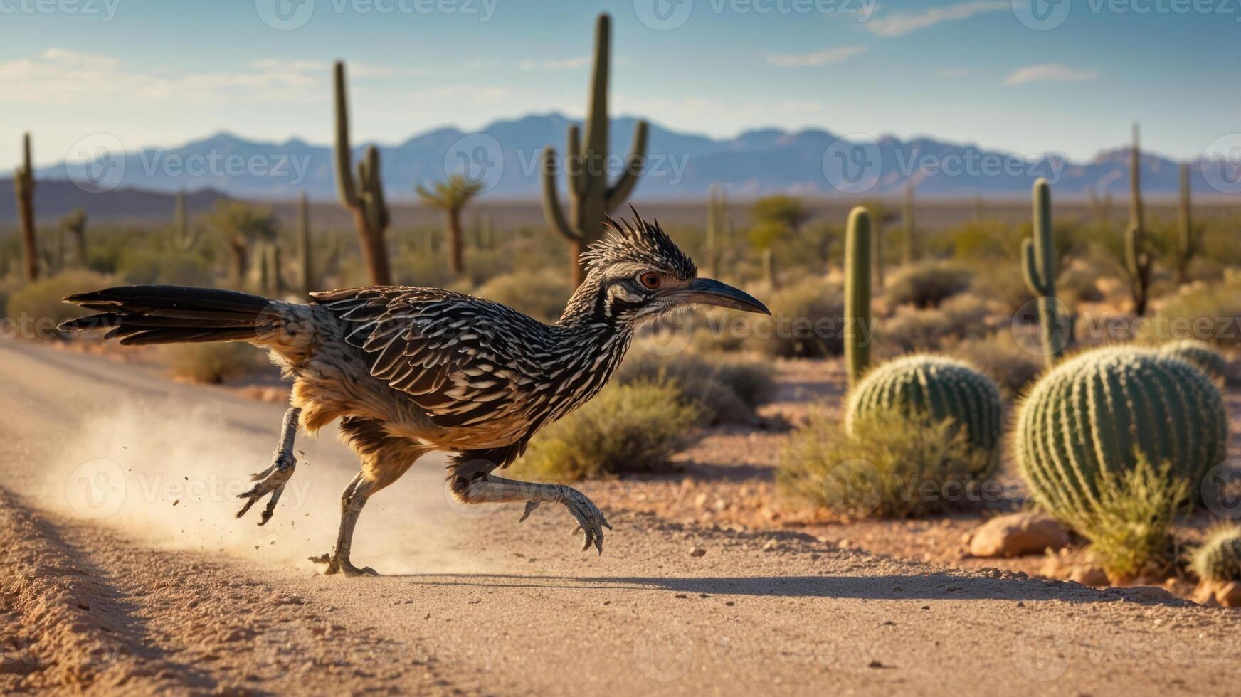 A roadrunner running along a desert road with cacti and mountains in the background. photo