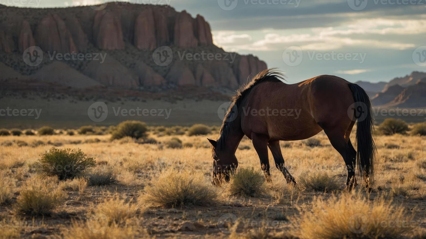 A horse grazes in a serene landscape with rocky formations and golden grass under a cloudy sky. photo